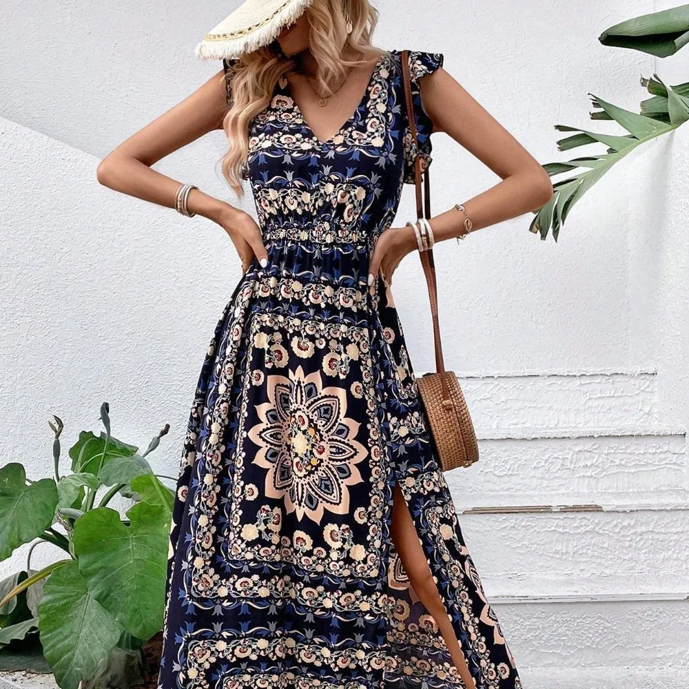 Navy Blue Casual Womens Scarf Print Ruffle Trim Split Thigh Dress Without Belt - Picture 4 of 6